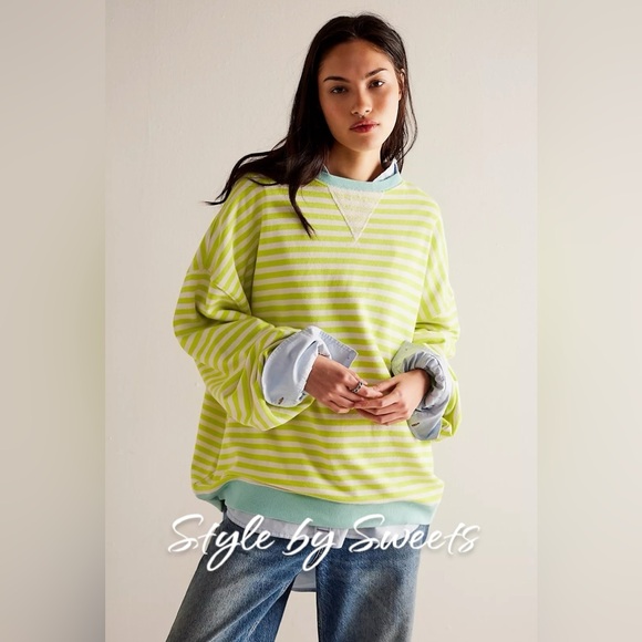 Free People Classic Striped Oversized Crewneck Lime Combo - Picture 1 of 4